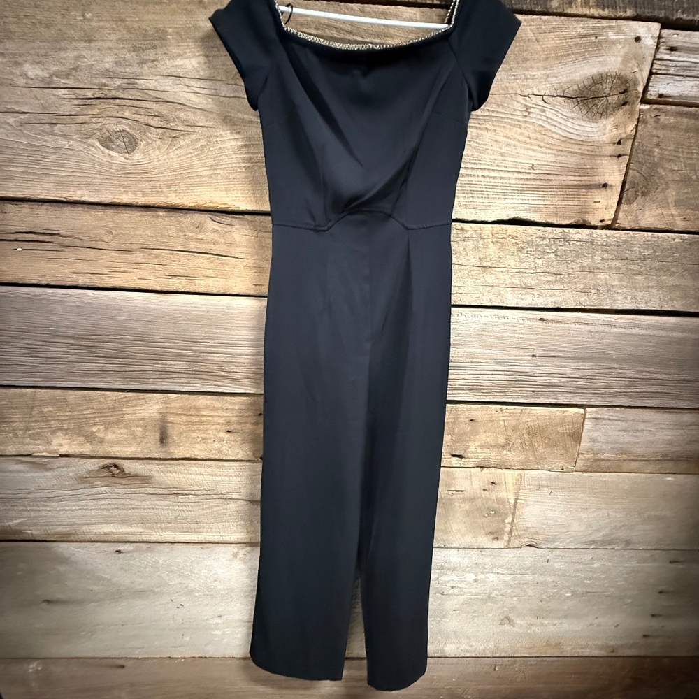 NWT Trina Turk Jumpsuit with Rhinestone trimmed square neckline, black, sz 0